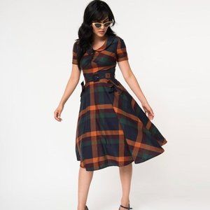 Voodoo Vixen 1940s Navy & Orange Checkered Cotton Samantha Swing Dress size L